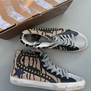 GOLDEN GOOSE Slide Studded Tiger Stripe High-top Sneakers In Brown Size 40